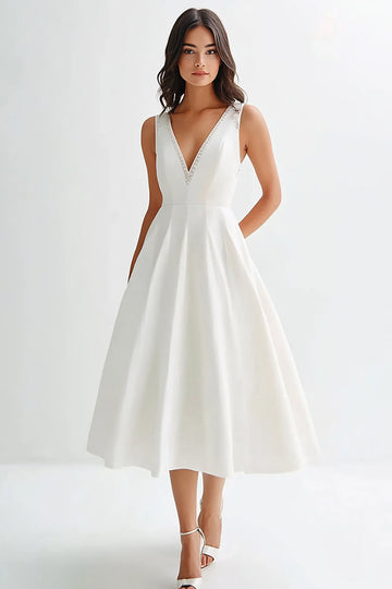 White Sleeveless A Line Long Graduation Dress